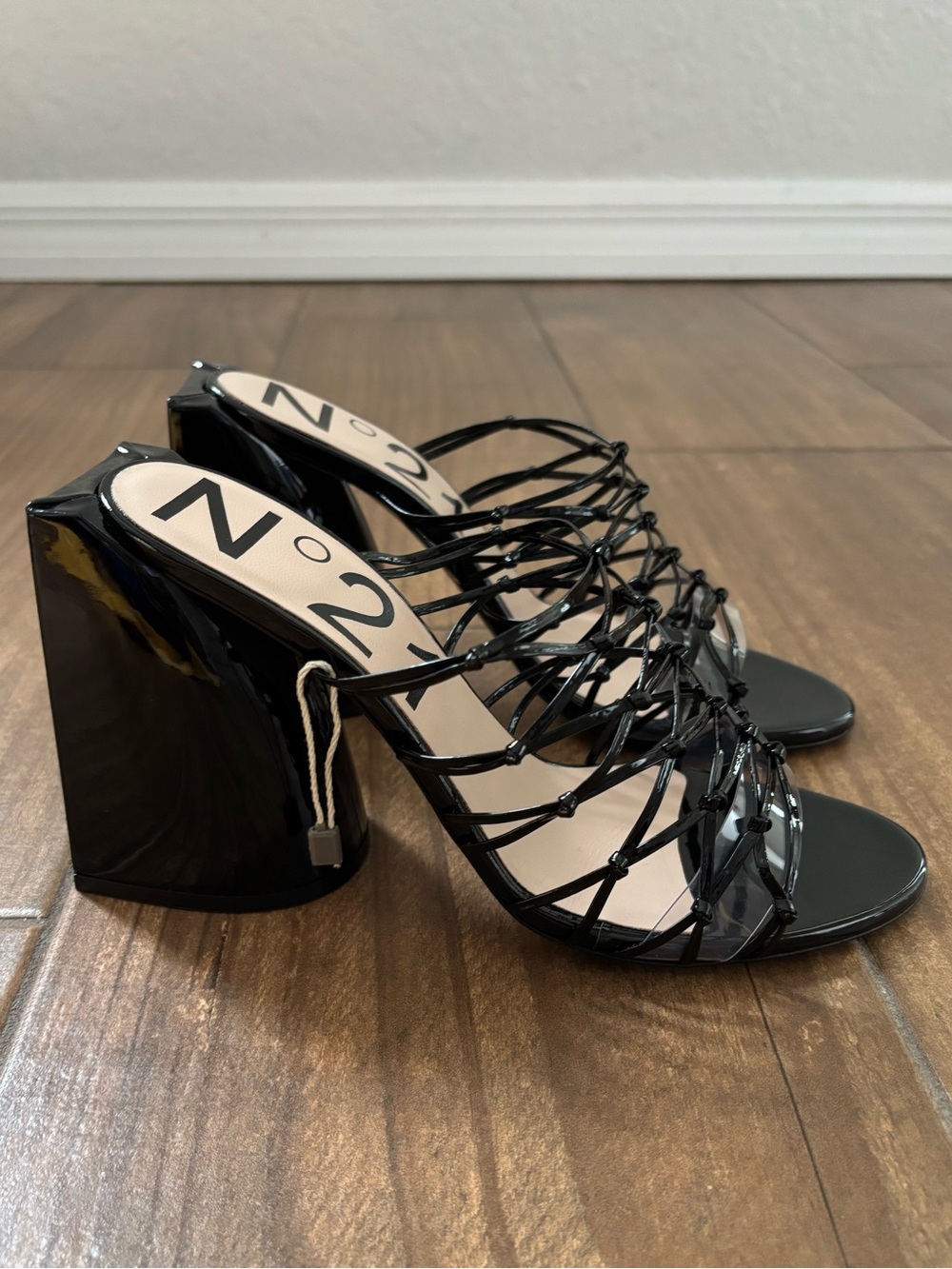 No. 21 Black Patent Strappy Block Heel Mules